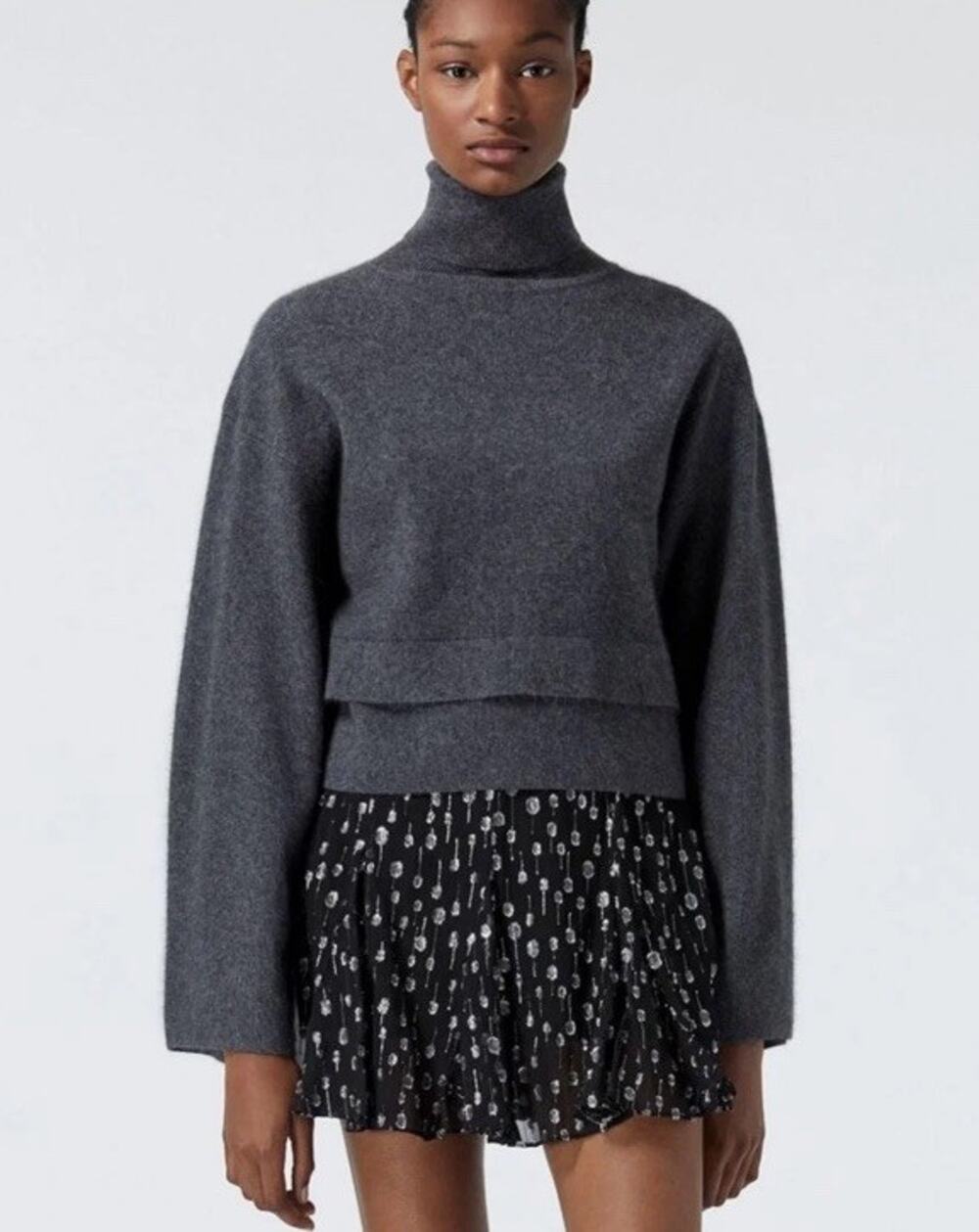 The Kooples Fox Cashmere Wool Cropped Turtleneck Sweater Gray Size 3 US 8